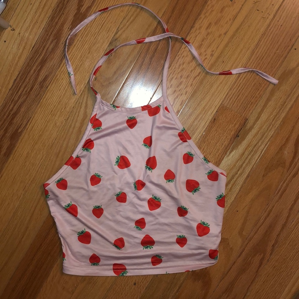 Pink strawberry halter crop top